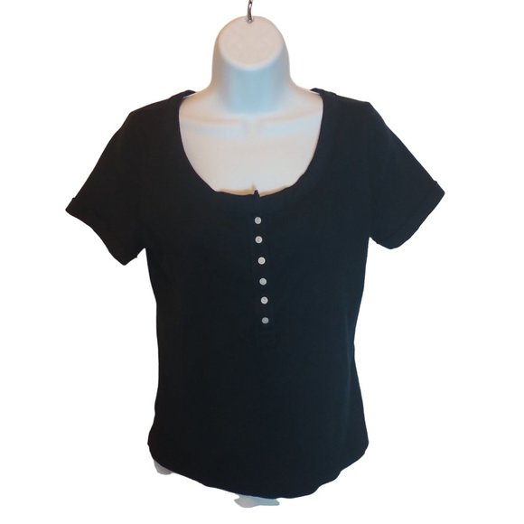 Liz Claiborne Tops - Women's Liz Claiborne Lizwear Navy Blue/White 1/4 Botton Up Short Sleeve Shirt